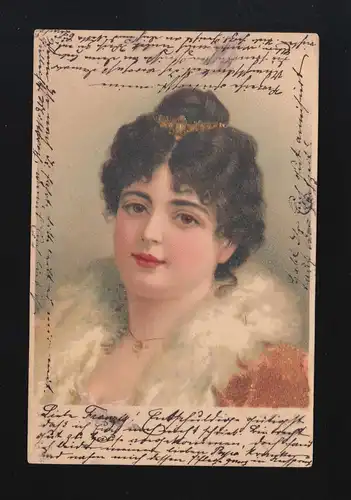 Femme avec boucles sombres Diadem bijoux dorés Federboa, Mülheim 5.11.1900