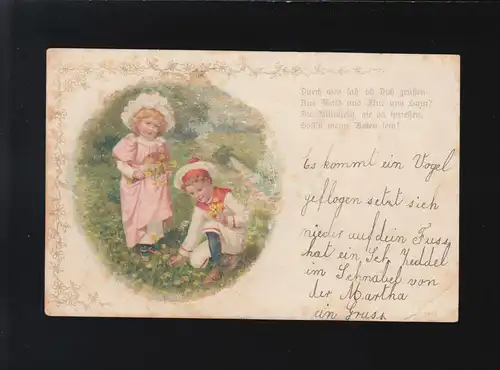 Kinder pflücken Blumen auf Wiese, Durch wen laß ich dich grüßen Hütten 18.3.1902