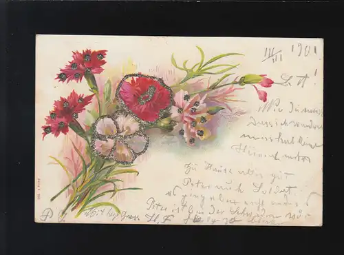 Blumenstrauß Nelken Fresien mit Glitzer verziert, Aachen /Bruxelles 3.+4.3.1901