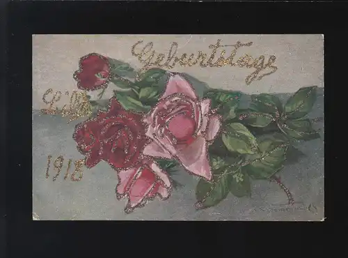Geburtstags Liebe 1918 Rosenzweige rosa rot Glitzer Schrift, beschriftet