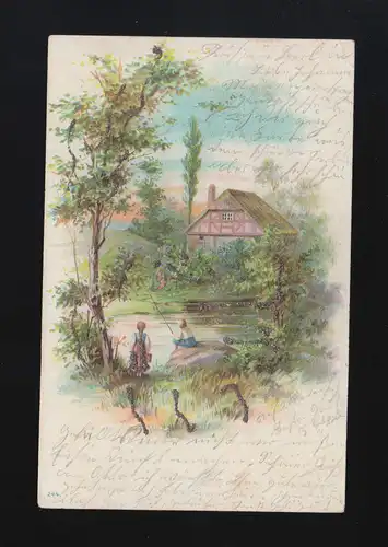 Les enfants pêchent au lac Printemps ferme tout vert, Berlin 13.4.2001