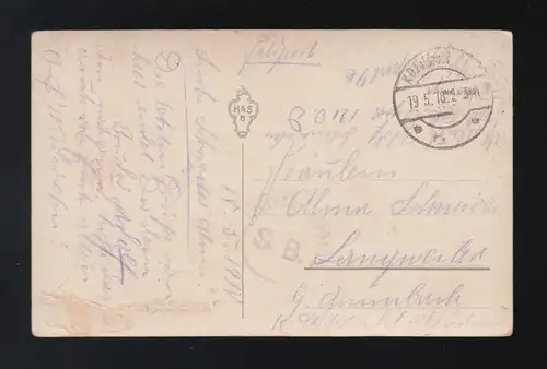 Gruss aus Frankreich! Lila Glitzer rosa Rose Feldpost 19.5.1918