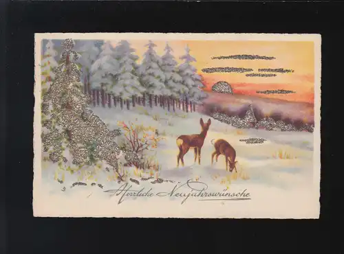 Herzliche Neujahrswünsche Rehe Waldrand Schnee Winter Abendrot Witten 30.12.1933