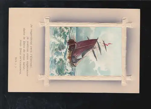 Segelschiff im Meer, Je regarderai vers L'Eternel Bibel Vers, beschriftet