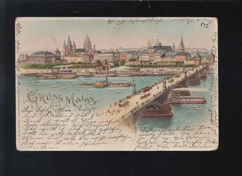 Gruss aus Mainz Dampfschiffe Rhein Theodor-Heuss Brücke Mainz /Möckern 13.9.1898