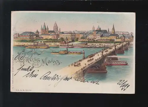 Gruss aus Mainz, Rhein Dampfschiffe Stadtpanorama Heuss Brücke Homburg 23.6.1899