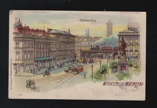 Gruss aus Berlin Alexanderplatz Nacht Straßenbahn Pferde, Berlin 13.11.1899