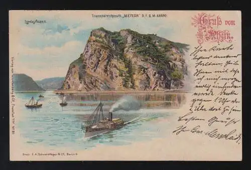 Gruss du Rhin Loreleyfelsen Bateau à vapeur, Giesheim / Wiesbaden 19.11.1898