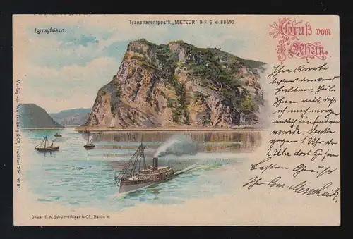 Gruss vom Rhein Loreleyfelsen Dampfschiff, Geisenheim / Wiesbaden 19.11.1898