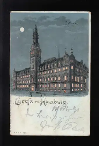 Gruß aus Hamburg Rathaus Mond Nachts, Altona / Usingen 12. + 13.10.1899