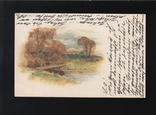 Paysage fluvial avec pont arbres, perles Glitzer, Berlin /Ingolstadt 4.6.1900