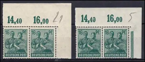 949POR Kontrollrat II 16 Pf Oberrand-Paare ohne und mit Strichleiste, Set **