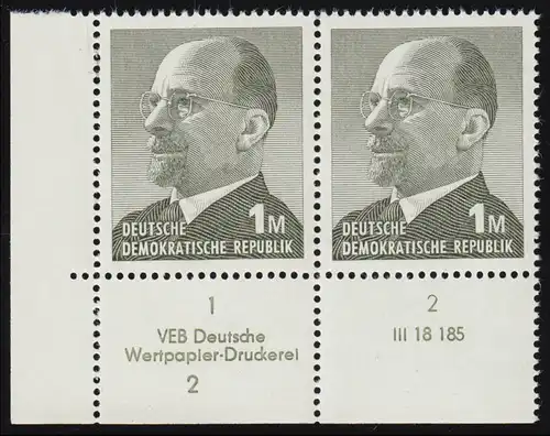 1481 Ulbricht 1 Mark als Eckrand-Paar unten links mit Druckvermerk DV 2, **