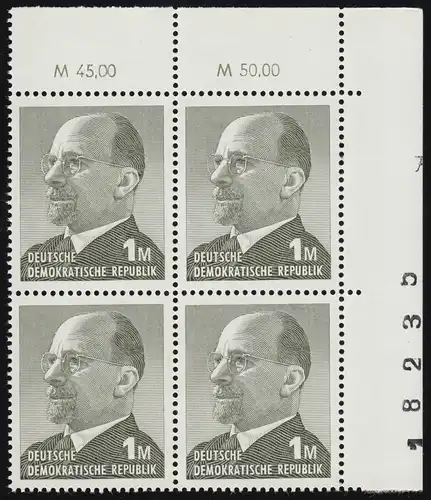 1481 Ulbricht 1 Mark als Eckrand-Viererblock oben rechts mit Bogenzählnummer, **