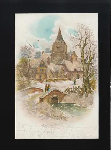 Stadtansicht im Schnee mit Brücke und Fluss, Düsseldorf /Ruhrort 2.11.1900