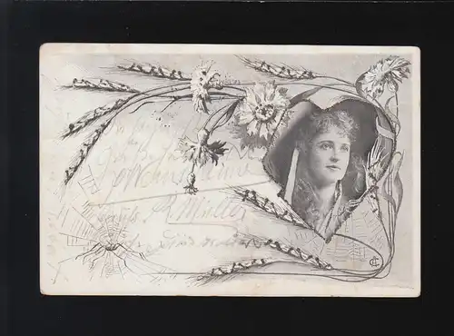 Frau Porträt im Herz mit Ähren und Nelken, Dörrmoschel /Rockenhausen 26.8.1901