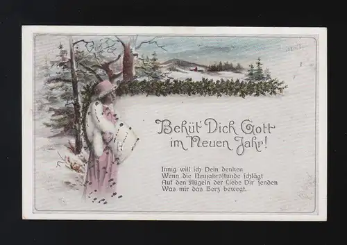 Frau rosa Mantel Hut Pelz Schnee Wald Behüt dich Gott im neuen Jahr! ungebraucht