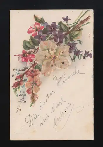 Bunter Strauß Blumen gebunden Zweige Glitzer Steine, Passau 26.7.1900