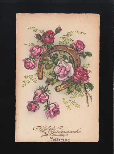 Fers à cheval avec roses rouges et roses, Félicitations Fête des Mères, étiquetés