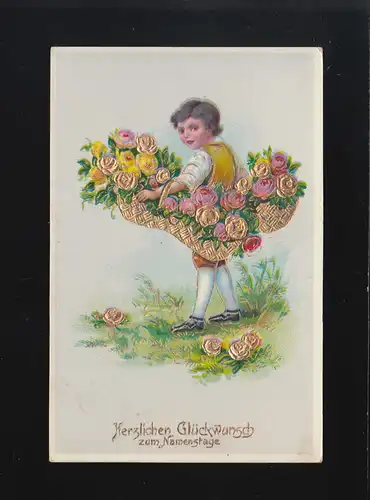 Blumenkorb Gold Kind Blüte Glückwunsch zum Namenstage, Heimertingen 25.12.1928