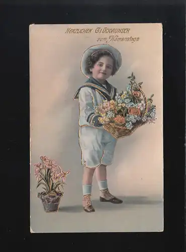 Glückwunsch Kind Matrosenanzug Blumenkorb Namenstag, Harbatshofen 14.6.1916