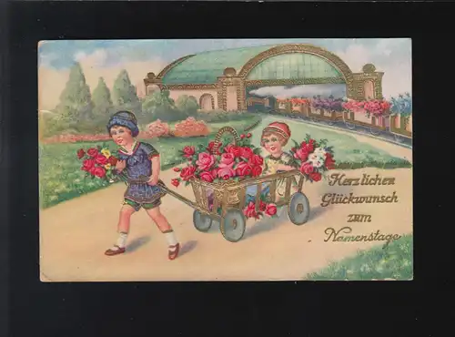 Namenstage Glückwünsche, Mädchen Bollerwagen Blumen Bahnhof Julbach 17.11.1936