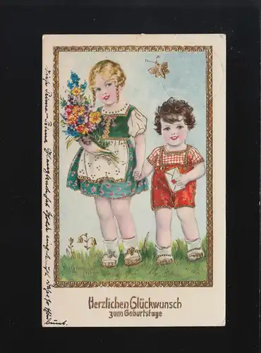 Kinder gratulieren zum Geburtstag, Strauß Glückwunsch Blumen, Zwickau 24.5.1930