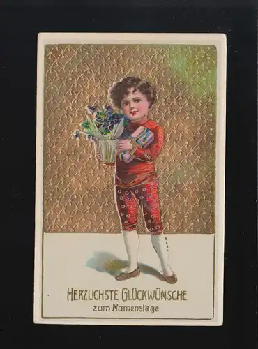 Enfant en habit rouge Félicitations jour de naissance Fleurs cadeau, Teisendorf 9.3.1913