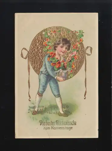Die besten Glückwünsche Namenstag, Kind Blumen Gold, München 25.7.1913
