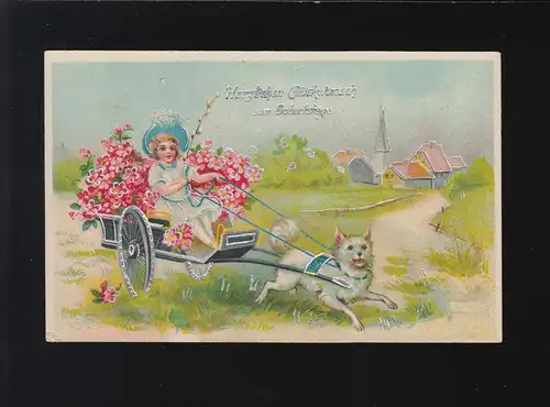 Mädchen fährt Kutsche Hund, Blumen Geburtstag Glückwünsch, Rodewisch 10.2.1919