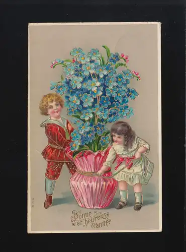 Kinder schmücken eine riesige Blume, Bonne et heureuse anée, gelaufen 1912