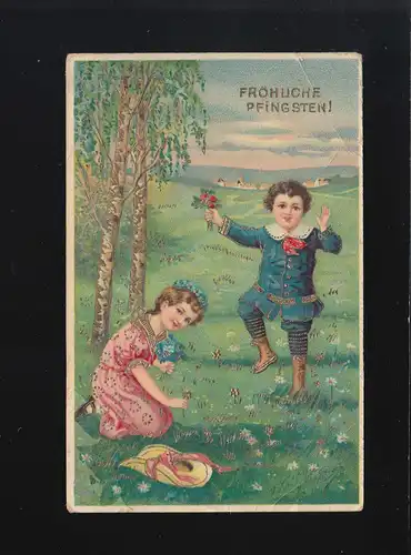 Kinder sammeln Blumen Wiese Birken Fröhliche Pfingsten, Wechselburg 18.5.1918