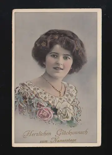 Frau dunkle Locken, Blumenkleid Gold Glückwunsch Namenstag, Aachen 14.12.1912
