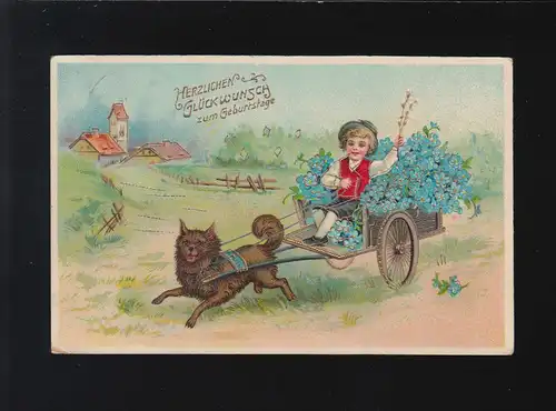 Kind Blumen Wagen von Hund gezogen, Geburtstag Glückwunsch, Großsalze 21.1.1915
