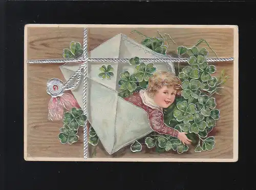 Kind mit Locken in einem Briefumschlag mit Glücksklee Blätter, Gera 13.9.1907
