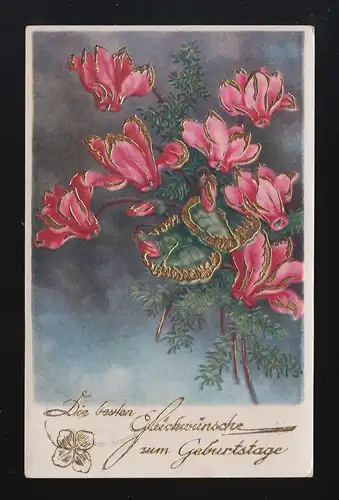 Beste Glückwünsche Geburtstag Rote Blumen mit Gold, Jüterbog 12.9.1936