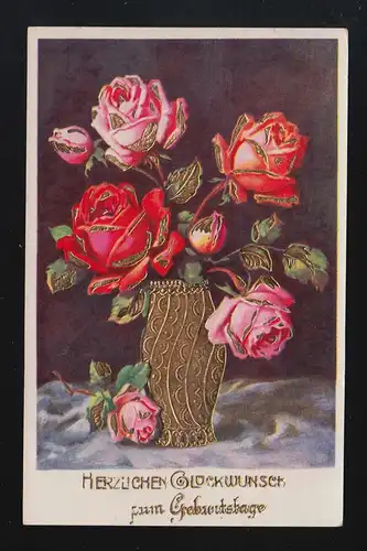 Rote + rosa Rosen Goldvase Herzlichen Glückwunsch Geburtstag, Jüterbog 12.9.1938
