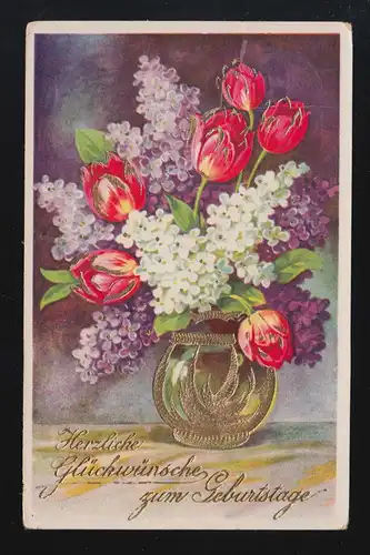 Weiß lila Flieder rote Tulpen, Glückwünsche Geburtstag, Lippspringe 13.1.1941