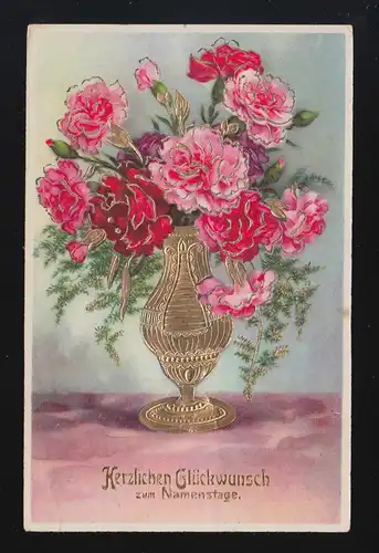 rosa rote Blumen Strauß Goldvase, Glückwunsch Namenstag, Untergrub 14.10.1935