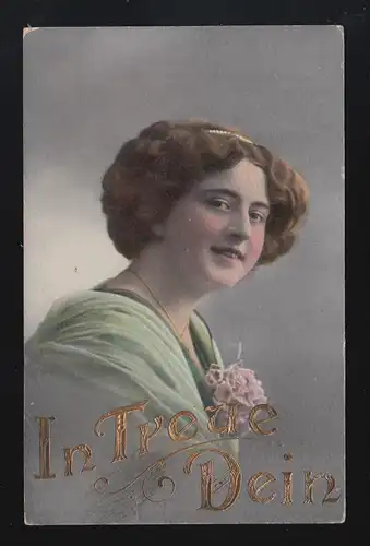 Sourire jeune femme Diadem Coffret de fleurs, Fidèle à toi, Allermöhe 23.2.1916