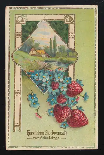 coeurs fleurs idylle de village Art Déco cadre Félicitations anniversaire Bochum 15.9.1913