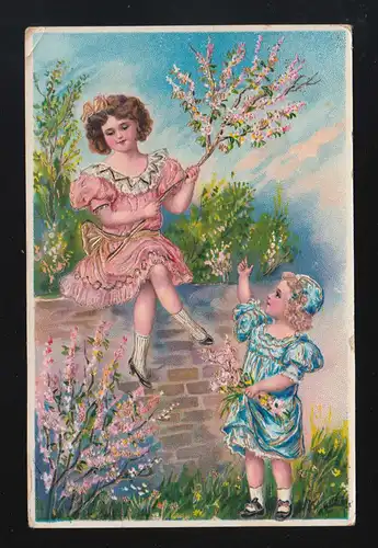 Mädchen rosa blaue Kleider Mauer blühende Zweige Frühling, Leutkirch 10.3.1925