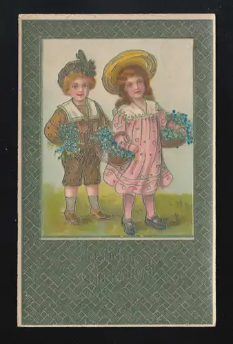 Kinder mit Blumenkörben Herzlichen Glückwunsch Namenstag, Neersen 16.3.1909