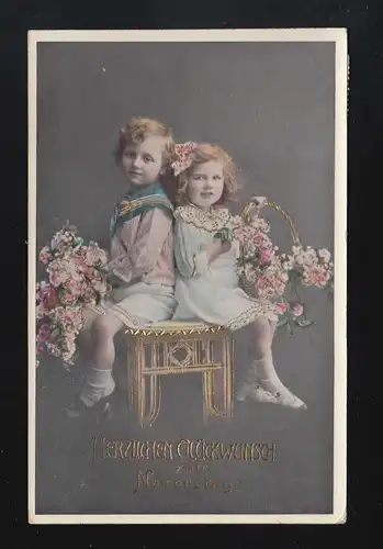 Félicitations, Fête des Noms, Photographie des Enfants avec Paniers de Fleurs, Neersen 16.3.1912