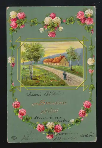 Srdečne Přáni Herzliche Grüße Blumengirlanden Dorfidylle, Nezdabov um 1910