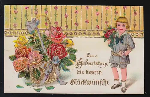 Zum Geburtstage beste Glückwünsche Rosenkorb Kind bringt Rosen Rodewald 14.9.29