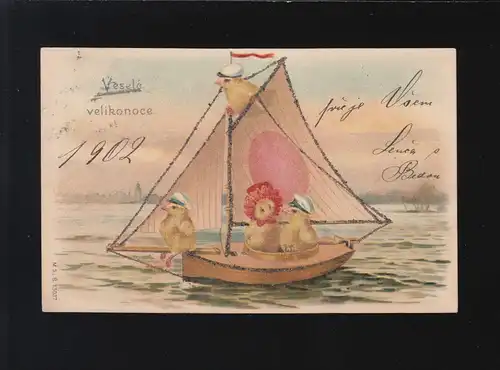 Küken auf Segelboot Matrotsenmütze, Veselé Velikonoce Frohe Ostern , 27.3.1903
