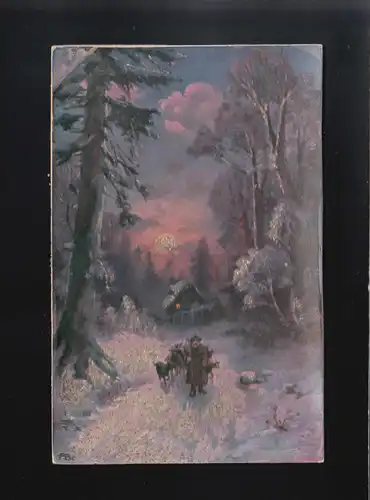 Hirte mit Tieren verschneiter Wald Nachts Mond Glitzer, München 29.11.1906
