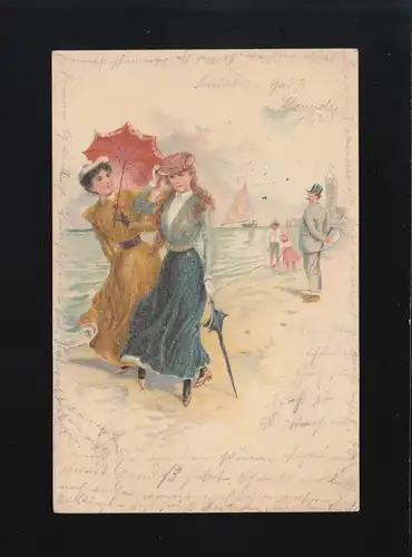 Femmes flâner berge Chapeau de protection Rhin voilier, Düsseldorf /Ruhrort 8.10.1900
