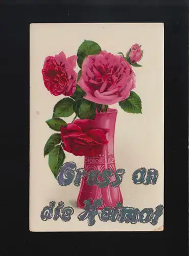 Rote Rosen in Vase, Gruss an die Heimat Glitzer Schrift, Feldpost 21.8.1917